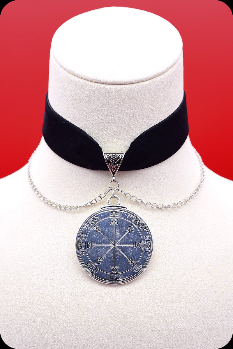 A black velvet silver chain moon pentacle choker necklace by Scorpio Rising