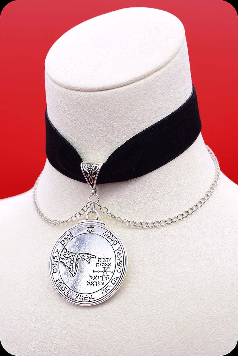 A black velvet silver chain moon pentacle choker necklace by Scorpio Rising
