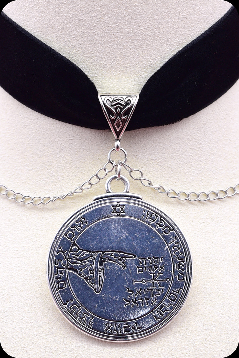 A black velvet silver chain moon pentacle choker necklace by Scorpio Rising