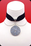 A black velvet silver chain sun pentacle choker necklace by Scorpio Rising