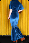 A peacock blue velvet Supiria crop top by Scorpio Rising