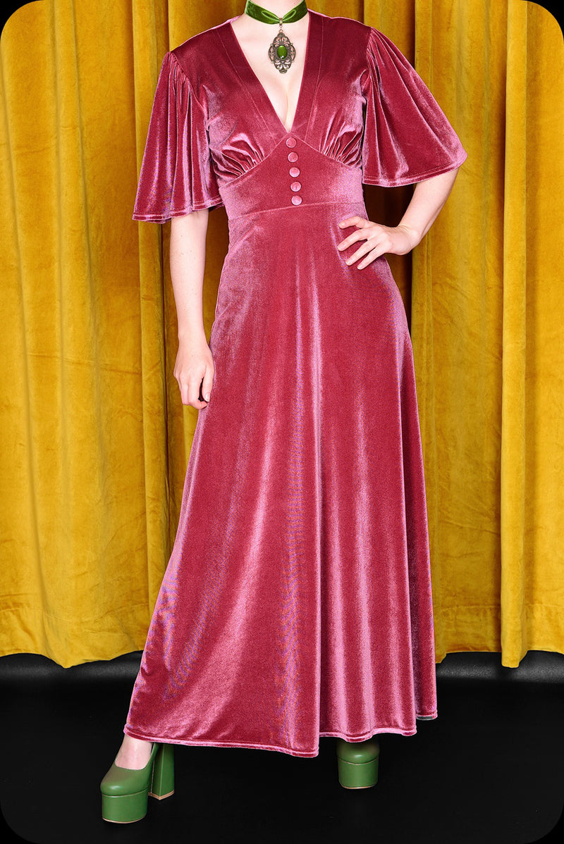 A rose pink velvet Suspiria maxi dress by Scorpio Rising